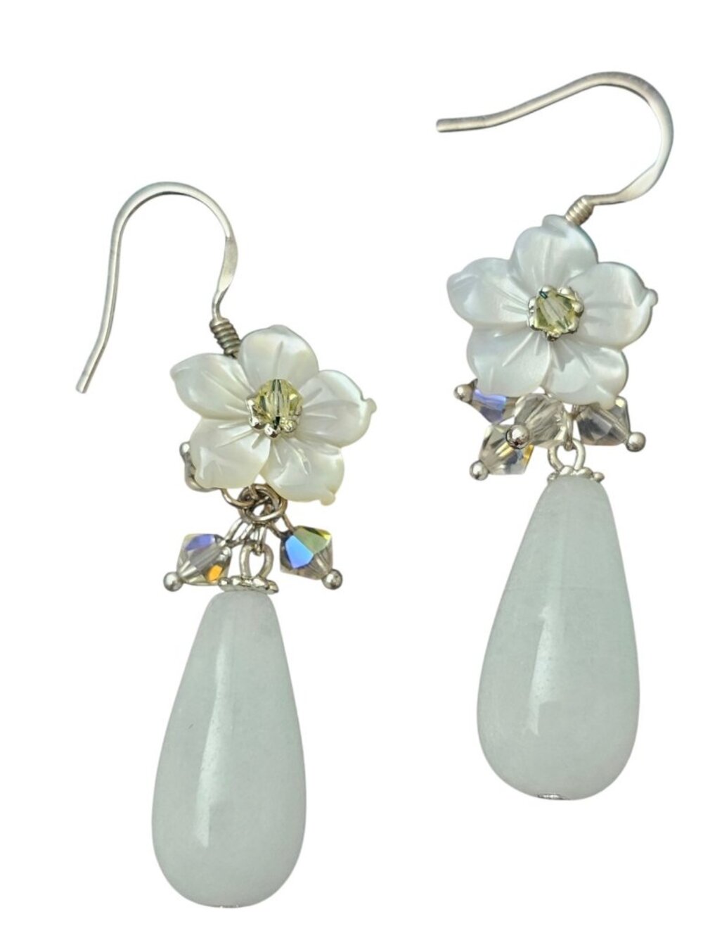 Handmade White Flower Drop Earrings Crystal Beaded Dangle Teardrop Elegant... - Picture 2 of 6